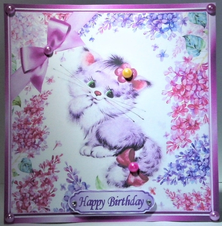 Cute Kitten in frame of flowers with lilac bow 8x8 by Hazel Underwood
