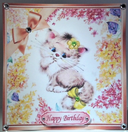 Cute Kitten in frame of flowers with peach bow 8x8 by Hazel Underwood