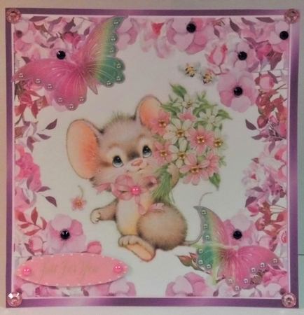 Cute little mouse holding flowers for you (purple) 8x8 by Hazel Underwood