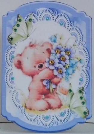 Cute teddy with blue flowers on lace with butterflies bracket card by Hazel Underwood