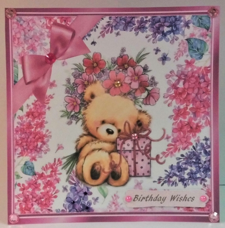 Cute teddy with gift and flowers in flower 8x8 frame by Hazel Underwood