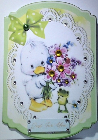 Cute little duck with flowers on lace with bow bracket card by Hazel Underwood