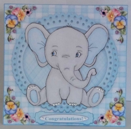 Blue Baby Elephant 6 x 6  Card Topper With Decoupage by Hazel Underwood