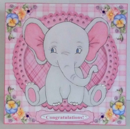 Pink Baby Elephant 6 x 6  Card Topper With Decoupage by Hazel Underwood