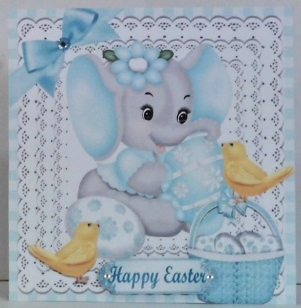 Cute Ele & Chicks with easter eggs & blue bow 8x8 by Hazel Underwood