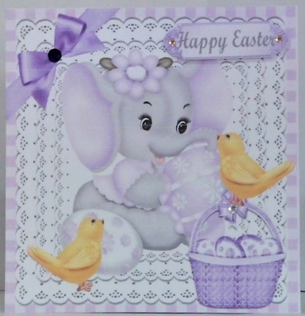 Cute Ele & Chicks with easter eggs & purple bow 8x8 by Hazel Underwood