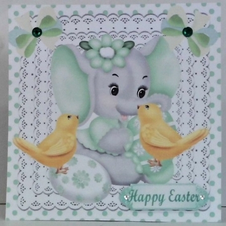 Cute Ele & Chicks with easter eggs & green bow 8x8 by Hazel Underwood