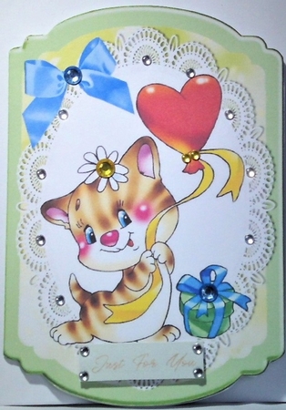 Cute Kitty with heart and present on lace bracket card by Hazel Underwood