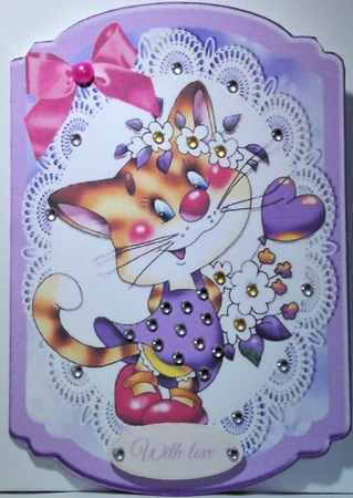 Cute Kitty with purple heart and flowers on lace bracket card by Hazel Underwood