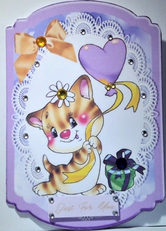 Cute Kitty with purple heart and purple present on lace bracket card by Hazel Underwood