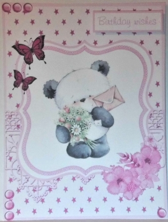 Birthday greeting card with panda hanging flowers and envelope by Hazel Underwood