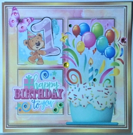 Babys 1st Birthday, cake balloons in rainbow 8x8 window frame by Hazel Underwood