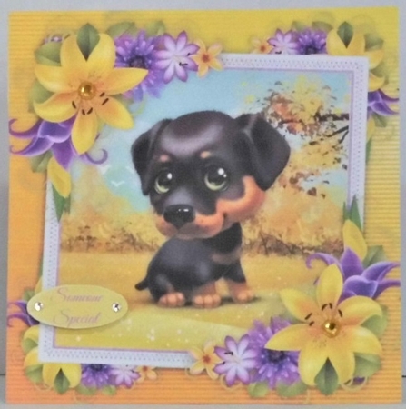 Cute Rottweiler With Yellow corner lily 8x8 by Hazel Underwood