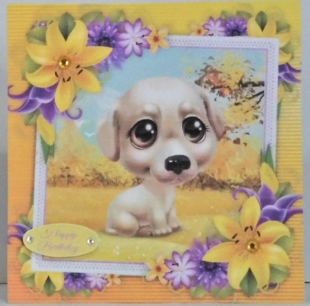 Cute White Dog With Yellow corner lily 8x8 by Hazel Underwood