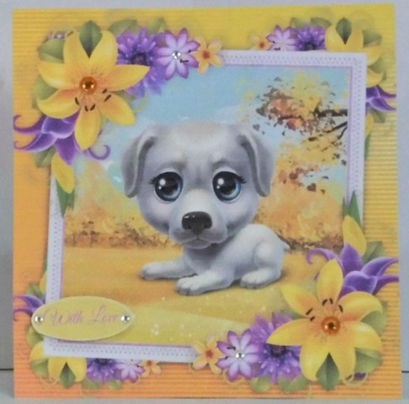 Cute Grey Dog With Yellow corner lily 8x8 by Hazel Underwood