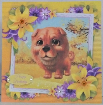 Cute Brown Fluffy Dog With Yellow corner lily 8x8 by Hazel Underwood
