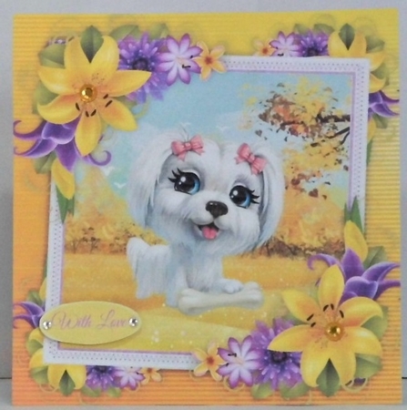 Cute White Fluffy Dog With Yellow corner lily 8x8 by Hazel Underwood