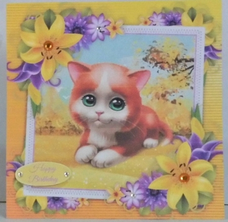 Cute Ginger Cat With Yellow corner lily 8x8 by Hazel Underwood