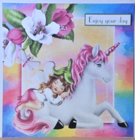 Sweet faerie sleeping on a unicorn with pink flowers in rainbow frame 8x8 by Hazel Underwood