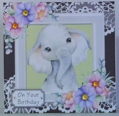 Cute ele in watercolour with flowers/lace 7x7 by Hazel Underwood