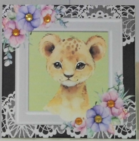 Cute tiger in watercolour with flowers/lace 7x7 by Hazel Underwood