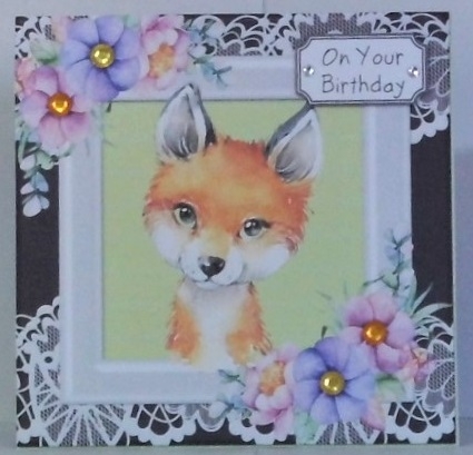 Cute fox in watercolour with flowers/lace 7x7 by Hazel Underwood