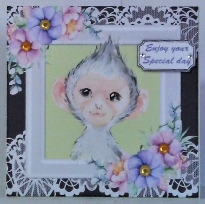 Cute cheeky monkey in watercolour with flowers/lace 7x7 by Hazel Underwood