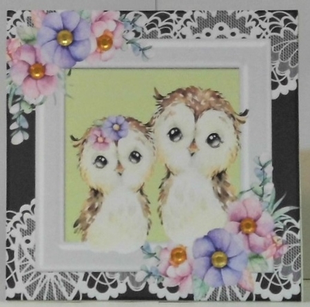 cute owls together watercolour with flowers/lace 7x7 by Hazel Underwood