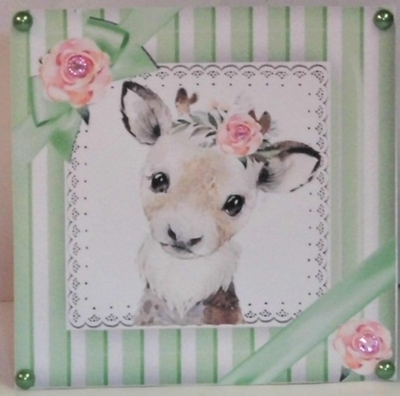 cute reindeer with pink roses/bow 7x7 striped green fame by Hazel Underwood