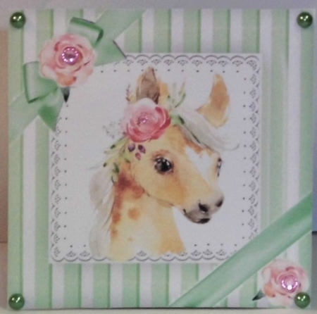 cute horse with pink roses/bow 7x7 striped green fame by Hazel Underwood