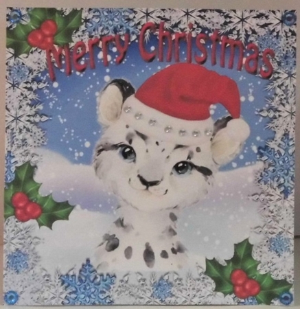 Lovely water colour of a snow leopard in santa red hat with holly 8x8 by Hazel Underwood
