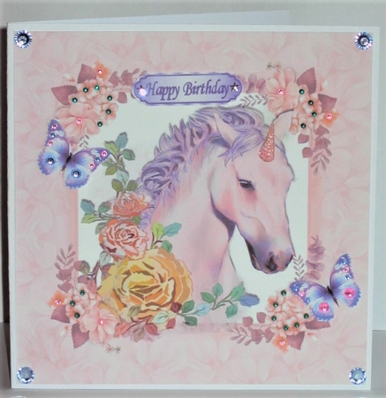 Pretty painted pink/lilac unicorn with flowers 8x8 by Hazel Underwood