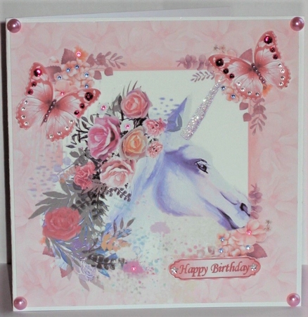 Pretty painted pink/lilac unicorn with roses and pink butterflies 8x8 by Hazel Underwood