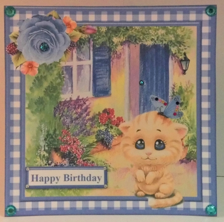 Cute Kitten & Butterfly Scene Gingham Topper & Decoupage by Hazel Underwood