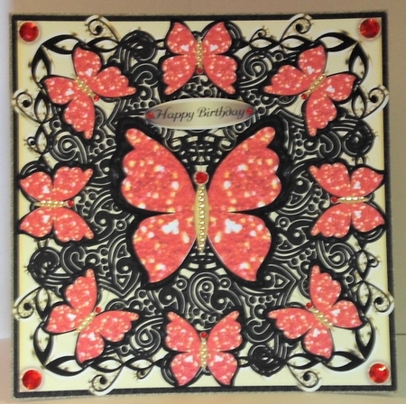 Red Glitter Butterflies on Black Guipure Doily Large Topper by Hazel Underwood