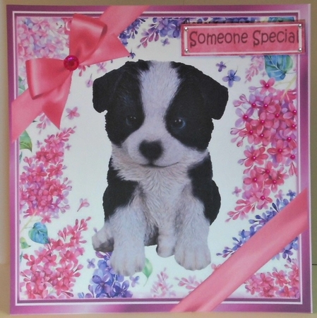 Gorgeous little puppy (six) with bows  and flowers 8x8 by Hazel Underwood