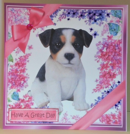Gorgeous little puppy (seven) with bows  and flowers 8x8 by Hazel Underwood