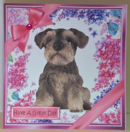Gorgeous little Schnauzer puppy with bows  and flowers 8x8 by Hazel Underwood