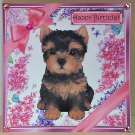 Gorgeous little yorki  puppy with bows  and flowers 8x8 by Hazel Underwood