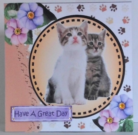 Sweet pair of fluffy kittens with purple/pinkflowers card front 7x7 with topper by Hazel Underwood