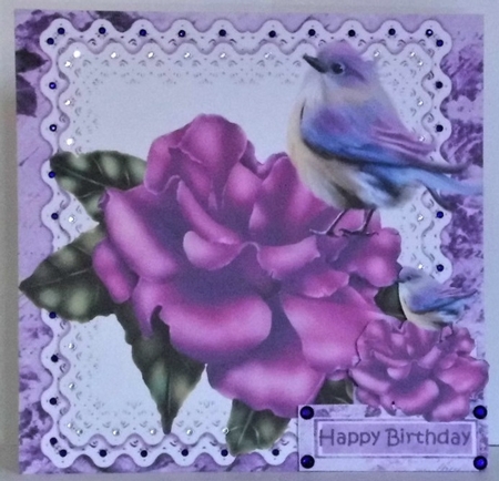 Pretty lilac rose (small card effect) with bird 8x8 by Hazel Underwood