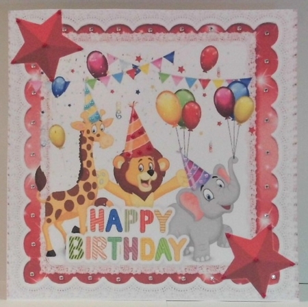 Party Animals having fun on a Birthday with red stars 8x8 by Hazel Underwood