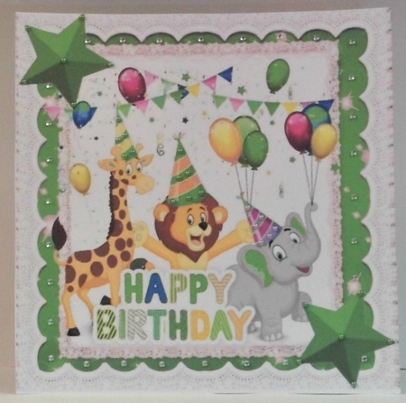 Party Animals having fun on a Birthday with green stars 8x8 by Hazel Underwood