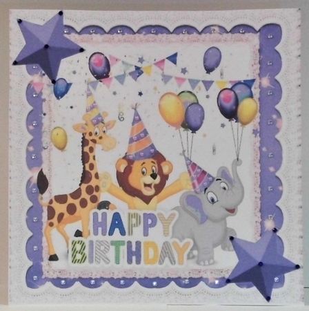 Party Animals having fun on a Birthday with purple stars 8x8 by Hazel Underwood