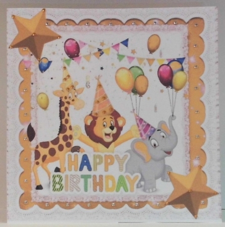 Party Animals having fun on a Birthday with gold stars 8x8 by Hazel Underwood