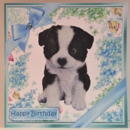 lovely little collie puppy (three) with blue bows  and flowers 8x8 by Hazel Underwood