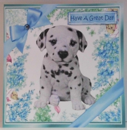 lovely little dalmation puppy (four) with blue bows  and flowers 8x8 by Hazel Underwood