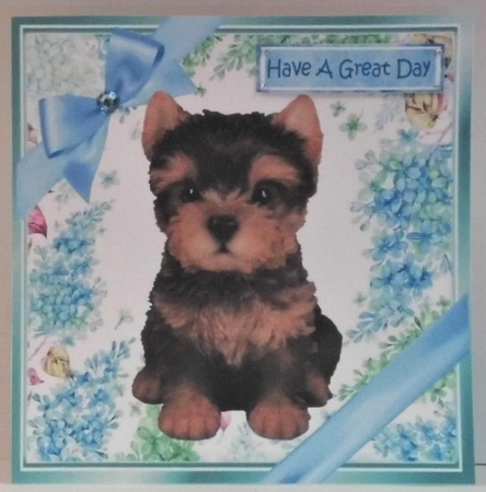 lovely little yorkie puppy (six) with blue bows  and flowers 8x8 by Hazel Underwood