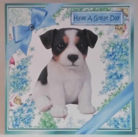 lovely little jack russel puppy (eight) with blue bows  and flowers 8x8 by Hazel Underwood