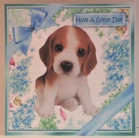 lovely little beagle puppy (nine) with blue bows  and flowers 8x8 by Hazel Underwood